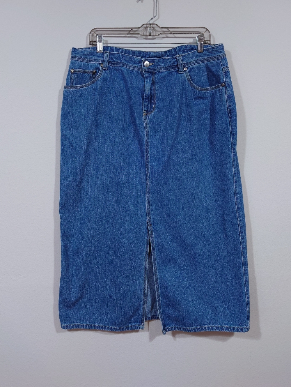 Bill Blass Denim Midi Skirt Size 14 Blue Jean Skirt Front Slit Classic